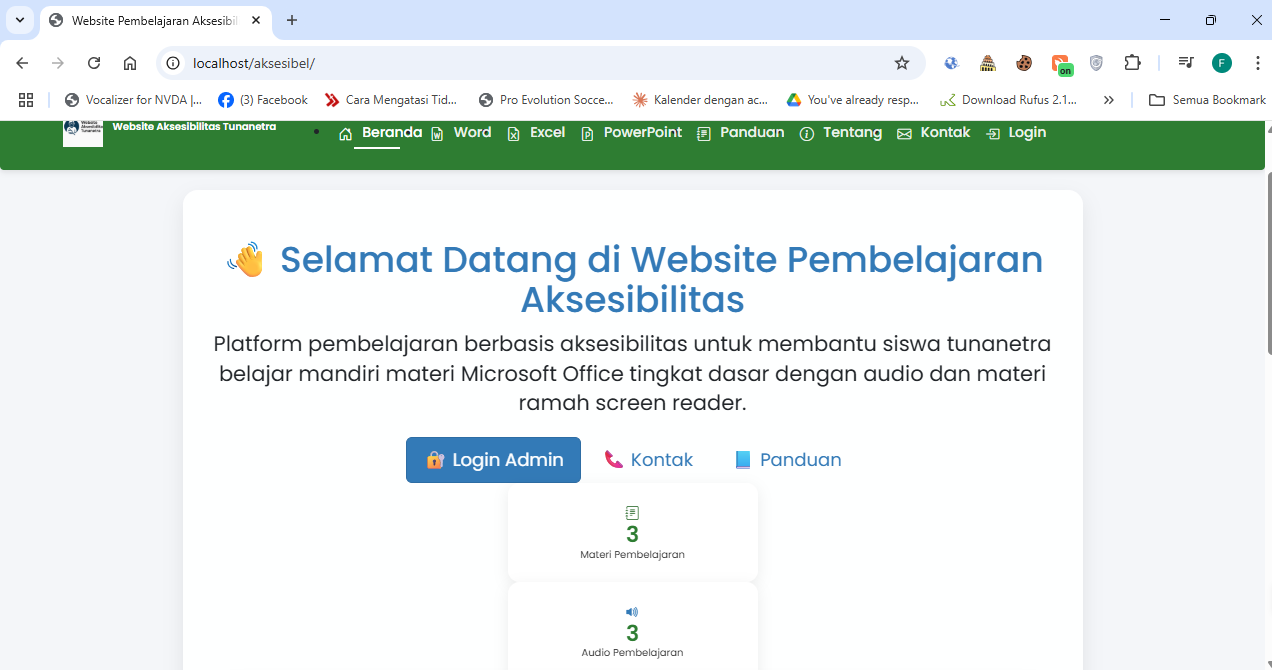 Tampilan antarmuka proyek Website Pembelajaran Aksesibilitas Microsoft Office